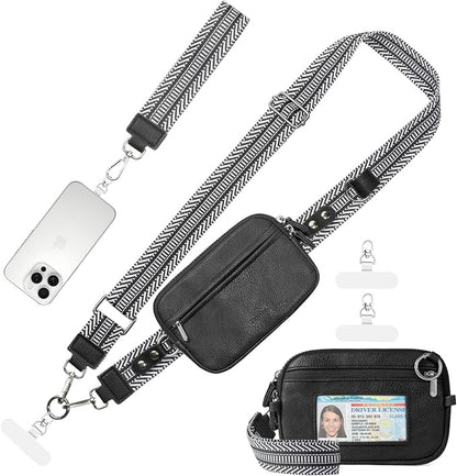 Tiostep Clip and Go Strap for Phone with Wallet Crossbody Phone Lanyard Adjustable and Anti-Theft Leather Purse with RFID Zipper Pouch for Travel Daily Life. Black Medium