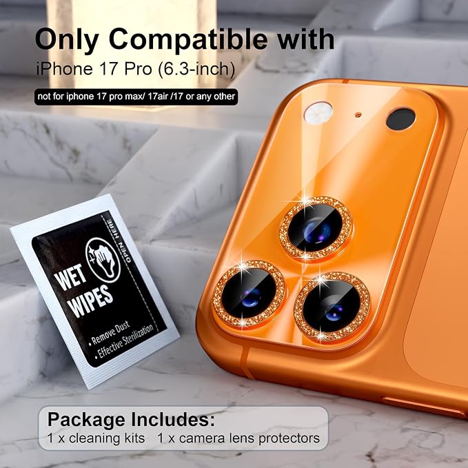 Choiche Compatible for iPhone 17 Pro Camera Lens Protector, Bling Camera Cover with 9H Tempered Glass Lens Screen Protector Metal Ring Decoration Accessories 6.3-inch (Light-Orange)