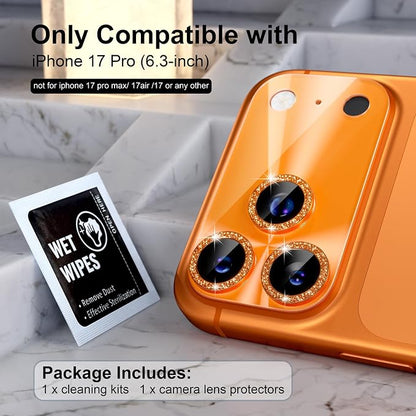 Choiche Compatible for iPhone 17 Pro Camera Lens Protector, Bling Camera Cover with 9H Tempered Glass Lens Screen Protector Metal Ring Decoration Accessories 6.3-inch (Light-Orange)