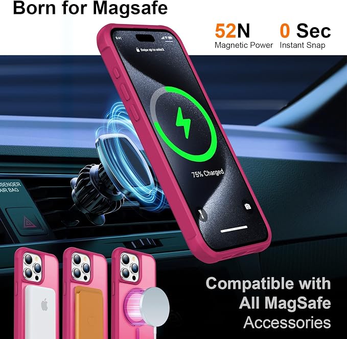 360° Magnetic Swivel Ring for iPhone 15 pro max case, Built-in Metal Stand and Ring Holder, Magsafe Compatible, Military Grade Protection, Shockproof - Rose Pink