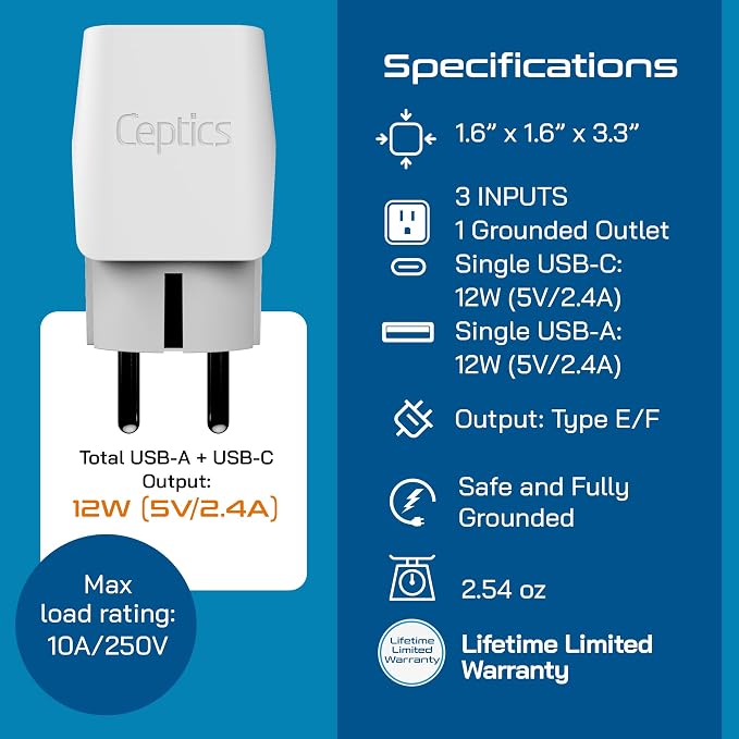 Ceptics European Travel Plug Adapter – Compact Type C & F Adapter with USB-C & A + USA Input – Safe Grounded Schuko Adapter – Travel Charger for France, Germany & More – CTU-9-9C-PK | European Adapters for Travel, Type C & E/F, Grounded Schuko Adapter ...