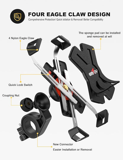 Grefay Bike Phone Mount Metal Motorcycle Handlebar Phone Holder Scooter Phone Clamp for 4.0-7.0 Inch Smartphone with 360° Rotation
