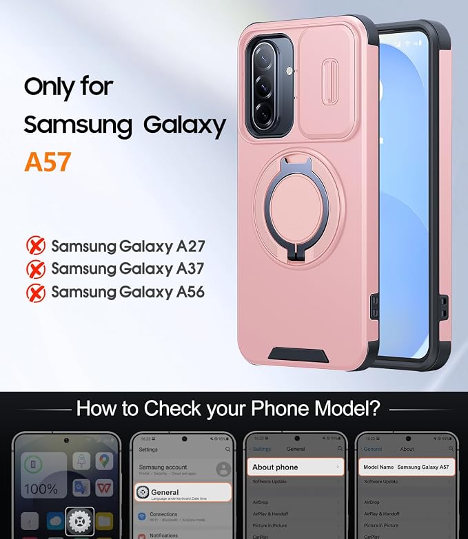 JAME for Samsung Galaxy A57 5G Case, Ring Holder Stand Kickstand, Slide Camera Cover, 2 Screen Protectors, Dual-Layer Shockproof Protective, Magnetic Accessory Friendly Galaxy A57 Phone Case, Pink