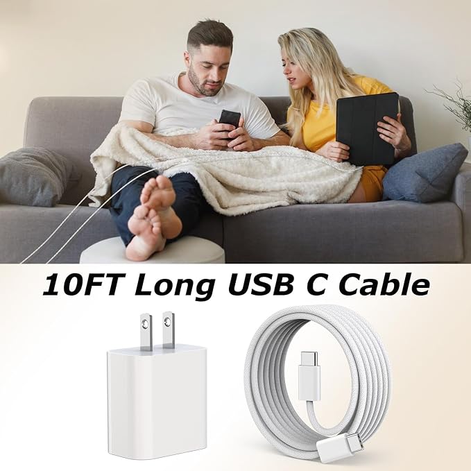 USB C Charger Fast Charging for iPhone 17,3Pack 20W Type C Fast Charging Block with 10FT Extra Long USB C-C Woven Cable Charger Compatible with iPhone Air/17/16/15 Pro Max,iPad Pro/Air/Mini,AirPods