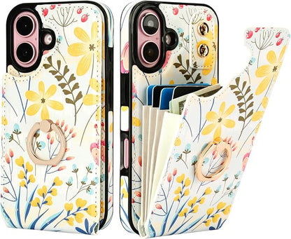 HAOPINSH for iPhone 16 Wallet Case with Card Holder, 360°Rotation Ring Kickstand, Floral Flower Pattern, RFID Blocking Leather for Girls Women, Double Buttons Protective Cover 6.1"