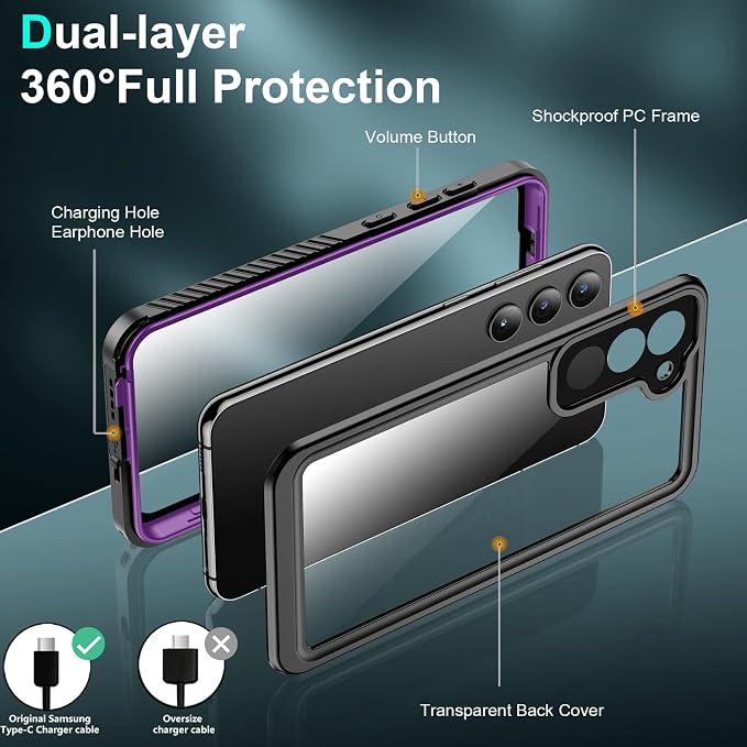 SPIDERCASE Designed for Samsung Galaxy S23 Plus Case Waterproof,Built-in Screen & Camera Lens Protector[IP68 Underwater][Military Grade Shockproof] Full Body Protection Phone Case, Purple/Clear