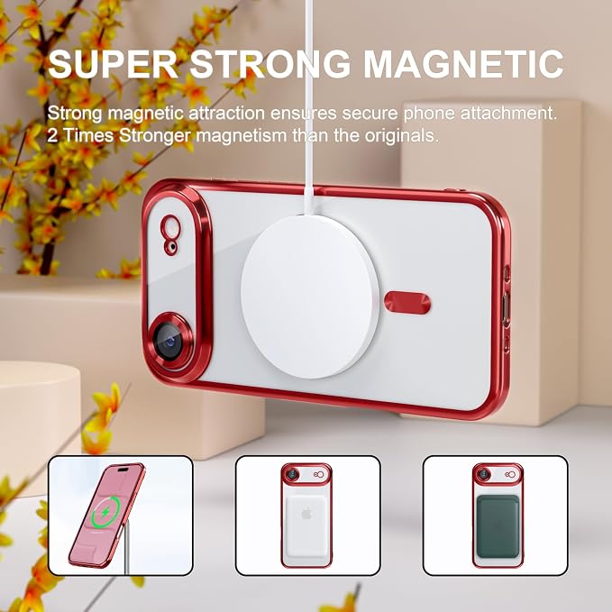 Misea Magnetic for iPhone 17 Air Case Compatible with MagSafe [Never Yellowing] [Military Grade Drop Protection] Full Camera Lens Protector Plating Soft Clear Phone Case for Women, Red