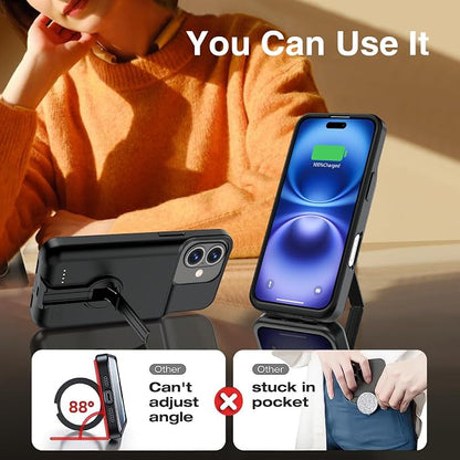 BOPPS Battery Case for iPhone 16 / 16e with Stand【Support Carplay】 Slim 8500mAh Portable Charger Case 360°Protection Rechargeable Extended Charging case for iPhone 16 / 16e Pink