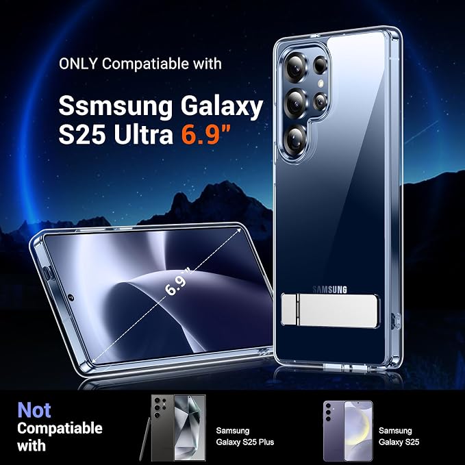 Temdan Designed for Samsung Galaxy S25 Ultra Case,[Built in Hidden Kickstand][Military Grade Drop Protection] [Never Yellowing] Slim Thin Phone Case for Galaxy S25 Ultra Case 6.9"- Crystal Clear
