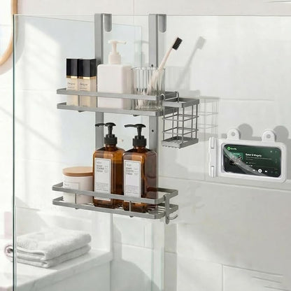 Over the Door Shower Caddy Hanging, Rustproof Shower Shelves with Waterproof Phone Pouch, 2-Tier Adjustable Bathroom Organizers and Storage, No Drilling Shampoo Soap Shelf (Silver 2-Tier)