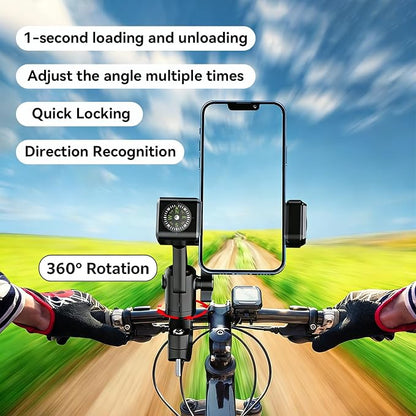 Temvue Bike Phone Mount with Compass, 1080° Rotation, Universal Handlebar Phone Holder, Shockproof and Secure Motorcycle Phone Mount, Compatible with All Smartphones.