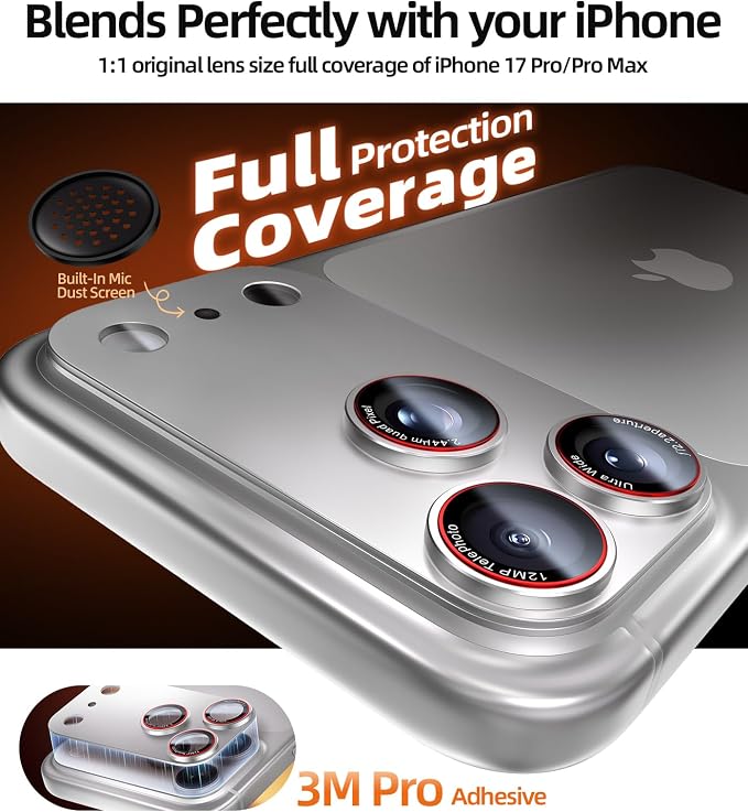 X-it for iPhone 17 Pro Max Camera Lens Protector, 9H Military Grade High-Alumina Tempered Glass Cover, Shatterproof with Strong Adhesion, Case Friendly & 1:1 Perfect Fit Camera Protector (Silver)