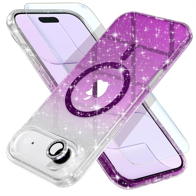 Choiche Magnetic for iPhone 17 Air Case Compatible with MagSafe, Women Cute Glitter Sparkly Phone Case with Diamond Camera Lens Protectors, Military-Grade Drop Protection 6.5" (Clear/Purple)