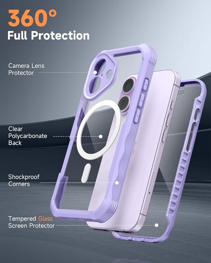 seacosmo for iPhone 17 Case, Full Body Bumper with Built-in Tempered Glass Screen Protector and Camera Lens Protection, Compatible with MagSafe, Shockproof 17 Phone Case, 6.3", Light Purple