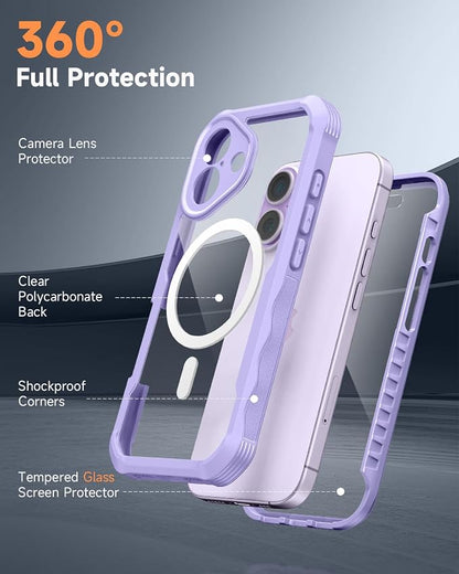 seacosmo for iPhone 17 Case, Full Body Bumper with Built-in Tempered Glass Screen Protector and Camera Lens Protection, Compatible with MagSafe, Shockproof 17 Phone Case, 6.3", Light Purple