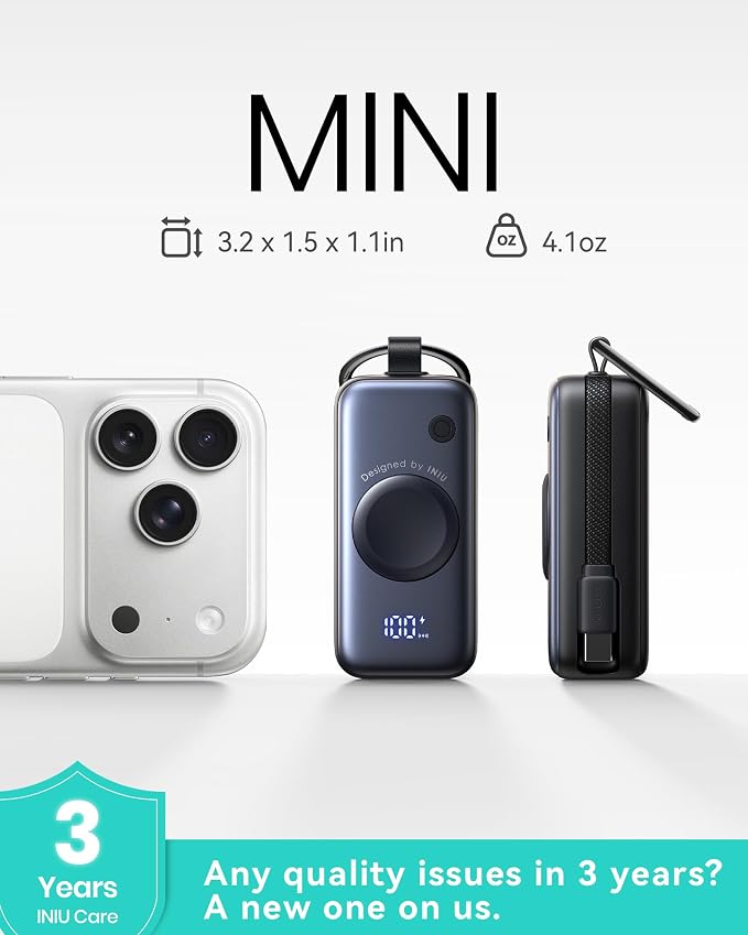 INIU 3-in-1 Portable Charger, 5000mAh Power Bank with Watch Charger & Built-in Cable, Compact 20W Fast Charging Battery Pack, Key Chain & Travel Essential for iPhone 16 15, Apple Watch, etc