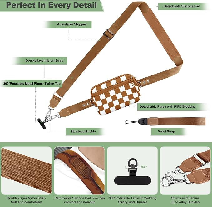 YFWE Clip and Go Strap for Phone with Wallet Crossbody, Adjustable Phone Lanyard with Detachable RFID Wristlet Wallet, Phone Strap with Phone Tabs for All Phones, Bronze Checkered (M)