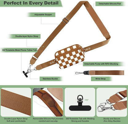 YFWE Clip and Go Strap for Phone with Wallet Crossbody, Adjustable Phone Lanyard with Detachable RFID Wristlet Wallet, Phone Strap with Phone Tabs for All Phones, Bronze Checkered (M)