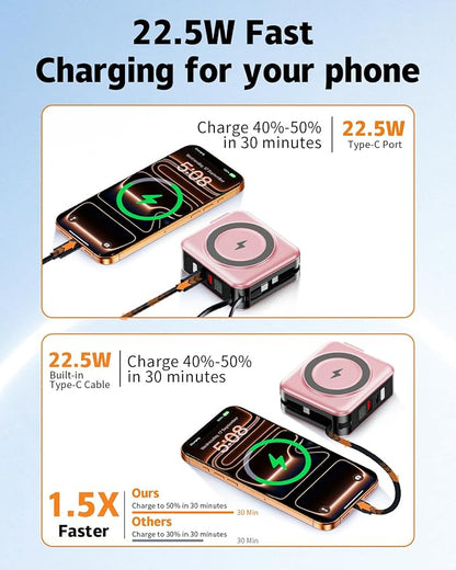 for Magsafe Portable Charger with Built-in Cables and AC Wall Plug, 10000mAh Magnetic Wireless Power Bank 22.5W Type-C in & Out Fast Charging Battery Pack for iPhone 17/16/15/14/13/12 Series, Pink
