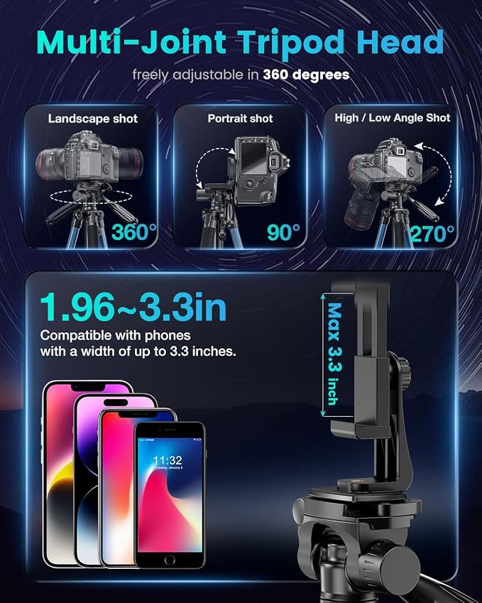 CAMBOFOTO 74"-Camera-Tripod, Navy Blue Professional Aluminum Heavy Duty Tripod Stand for Mirrorless Camera/DSLR/Cell Phone/Camcorder, with Holder and Travel Bag