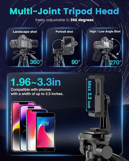 CAMBOFOTO 74"-Camera-Tripod, Navy Blue Professional Aluminum Heavy Duty Tripod Stand for Mirrorless Camera/DSLR/Cell Phone/Camcorder, with Holder and Travel Bag