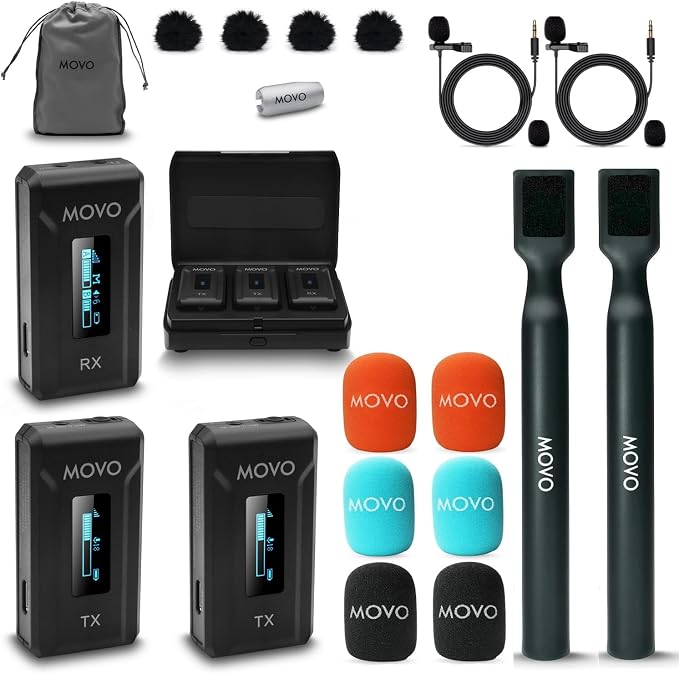 Movo WMX-2-DUO Dual Microphone Compact Wireless System with Handheld Extension Mounts - Mini Wireless Lavalier Microphones for Cameras with Mic Handles for Reporting, Interviews and More