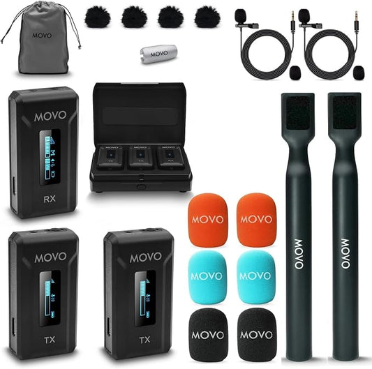 Movo WMX-2-DUO Dual Microphone Compact Wireless System with Handheld Extension Mounts - Mini Wireless Lavalier Microphones for Cameras with Mic Handles for Reporting, Interviews and More