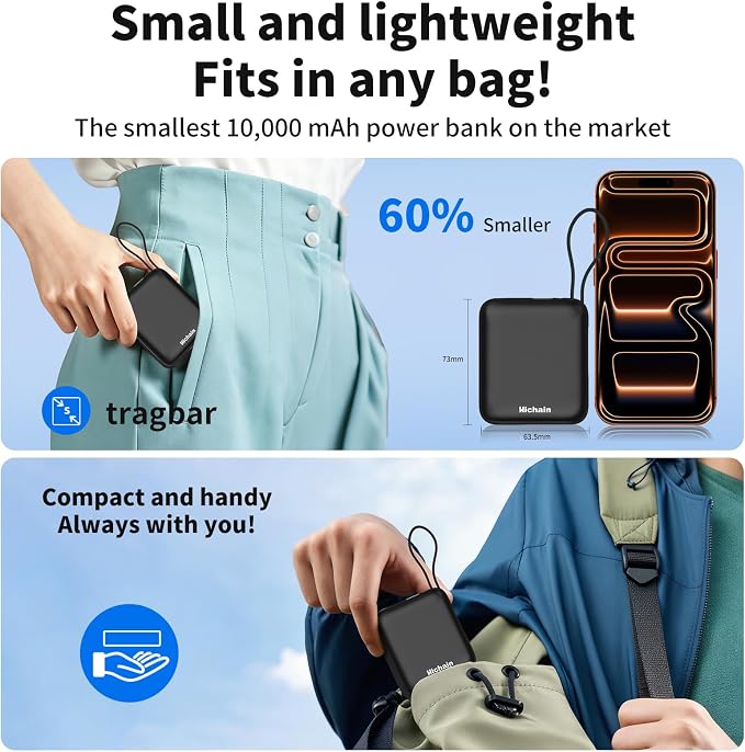 Hichain Small Portable Charger Mini Power Bank 10000mAh 22.5W Black | Built in Cables & LED Display USB-C Fast Charging Battery Pack, Travel Essential Power Bank for iPhone, iPad, Android