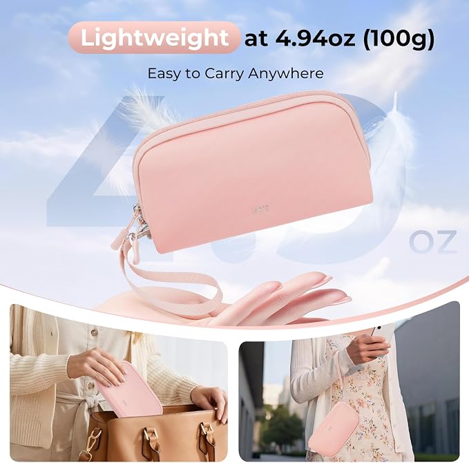 FYY Travel Cable Organizer - 8 Compartments, Lightweight, Water Repellent | With Wrist Strap, Portable Tech Pouch for Cord Charger, Travel and Business Trips Use, Soft Shell Nylon, Pink (Large)