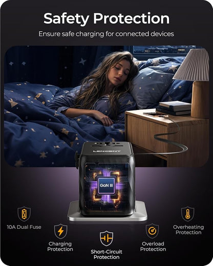 LENCENT 85W Universal Travel Adapter with Retractable USB C Cable, GaN | International Plug Adapter with 3 Type C&1 USB A Ports Fast Charging, Worldwide Outlet Converter for US to European EU UK AUS