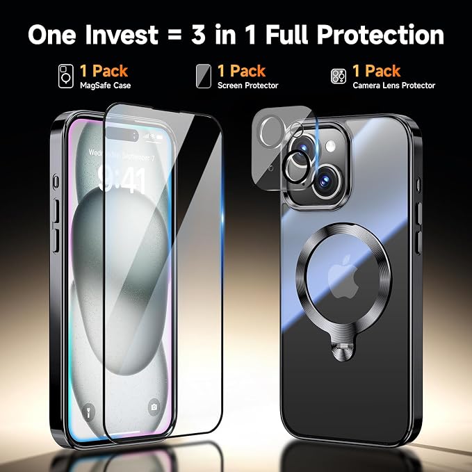 [Tri-Shield Protection] for iPhone 15 Case with 360° Spin Stand Compatible with MagSafe [Magnetic CD Ring] [Screen & Camera Lens Protector] Shockproof Plating Never-Yellowing, Black-6.1"