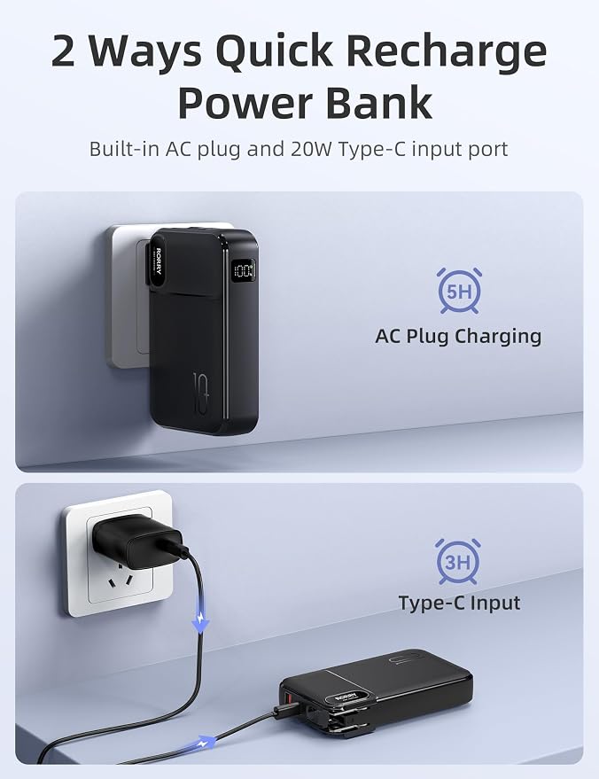 RORRY Portable Charger w/Wall Plug 10000mAh Power Bank 22.5W Battery Pack | Built in Cables, Fast Charging, for iPhone, iPad, Samsung Galaxy, Pixel, LG, Travel Essential, Digital Display, Pocket Size