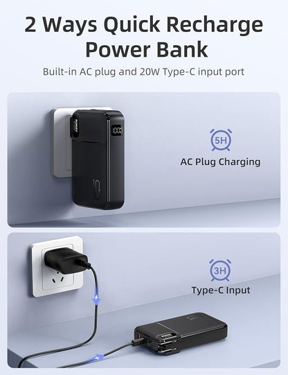 RORRY Portable Charger w/Wall Plug 10000mAh Power Bank 22.5W Battery Pack | Built in Cables, Fast Charging, for iPhone, iPad, Samsung Galaxy, Pixel, LG, Travel Essential, Digital Display, Pocket Size