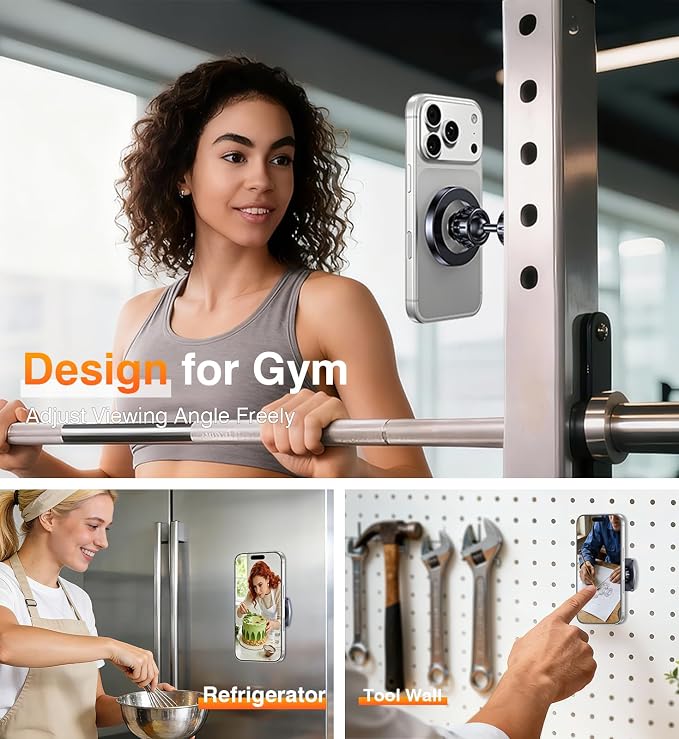 Romuto Magnetic Phone Holder for Gym Mag Safe Phone Holder【Dual Grip】 Gym Phone Holder Magnet Phone Camera Mount for Gym Accessories for Women Attach to Metal Surface with iPhone 17 Pro Max 16 15 14