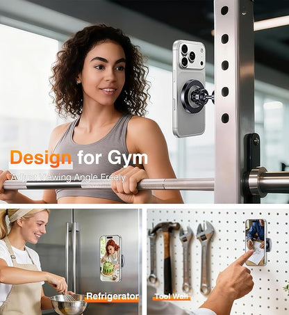 Romuto Magnetic Phone Holder for Gym Mag Safe Phone Holder【Dual Grip】 Gym Phone Holder Magnet Phone Camera Mount for Gym Accessories for Women Attach to Metal Surface with iPhone 17 Pro Max 16 15 14