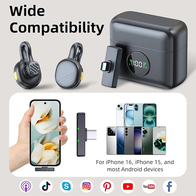 Wireless Lavalier Microphone for iPhone 15/16/Android, Mini Clip On Mic with Charging Case, 7H Battery, Noise Canceling Lapel Microphone for Video Recording Vlogging, YouTube
