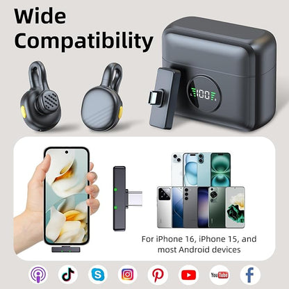 Wireless Lavalier Microphone for iPhone 15/16/Android, Mini Clip On Mic with Charging Case, 7H Battery, Noise Canceling Lapel Microphone for Video Recording Vlogging, YouTube