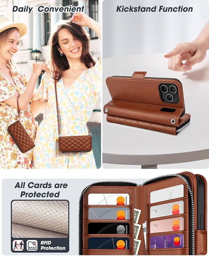 OCASE for iPhone 17 Pro Max Crossbody Wallet Case - Stylish PU Leather Handbag Phone Purse with Zipper Closure, Card Slots & RFID Blocking - Wrist Strap, Lanyard, Kickstand - Diamond Check Brown