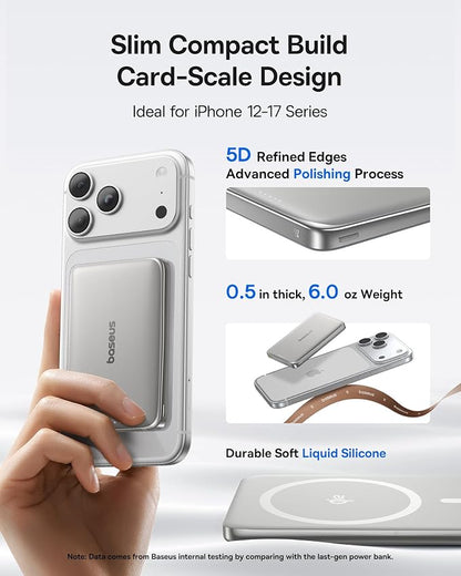 Baseus Picogo Power Bank, 0.5" Ultra Slim 10000mAh MagSafe Portable Charger, 27W Fast Charging Magnetic Battery Pack, Upgraded Polished Alloy Wireless Charger for iPhone 17 Pro Max/Air/16/15/14/13/12