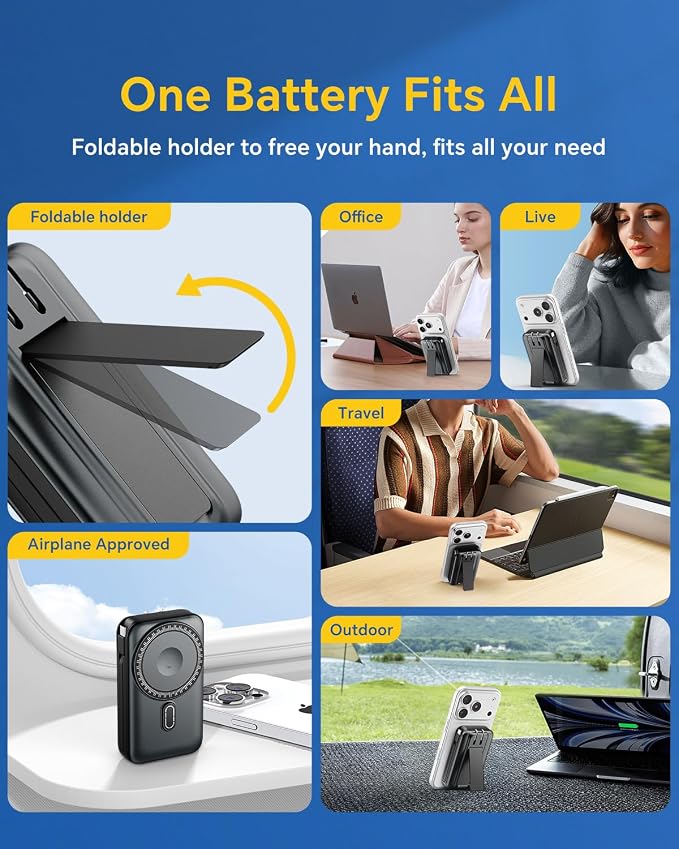 DR.HILL Magnetic Battery Pack Real Capacity 10000mAh, 22.5W Fast Charging Portable Charger with Built-in Cables & AC Wall Plug, Foldable Stand Power Bank for Apple Watch Phone 17/16/15/14/13 (Black)