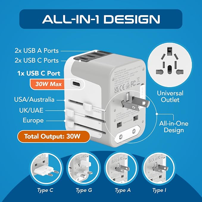 Ceptics 6 in 1 Universal Travel Adapter, Universal Outlet w/ 2X USB-A and 3X USB-C 6A, Travel Power Adapter for use in EU, UK, US, AU and More, Universal Plug for Mobiles, Laptops- UP-30KU-WH | 6 in 1 design, Type A, C, G & I Plugs, Universal Socket fo...