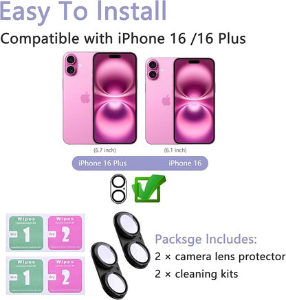 2 Pack Camera Lens Protector for iPhone 16/16 Plus,Metal AR Tempered Glass Rear Camera Screen Cover,Anti-Scratch,Strong Adsorption,Case Friendly, Easy to Install-Black