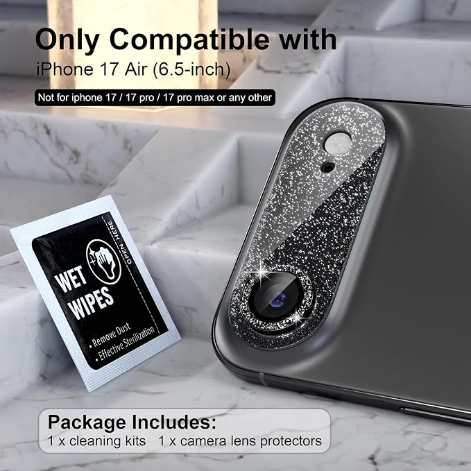 Choiche Compatible for iPhone 17 Air Camera Lens Protector, Bling Camera Cover with 9H Tempered Glass Lens Screen Protector Metal Ring Decoration Accessories 6.5-inch (Glitter-Black)