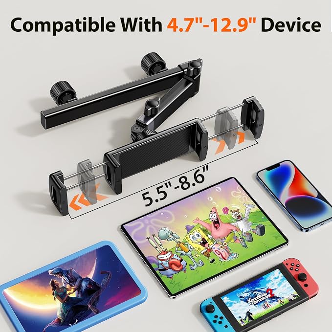 OATSBASF Car Tablet Headrest Holder - Stretchable Mount Backseat Fit iPad Mount Super Stable for Kids & Thick Cases - Road Trip Essentials Fit 4-12.9" Devices