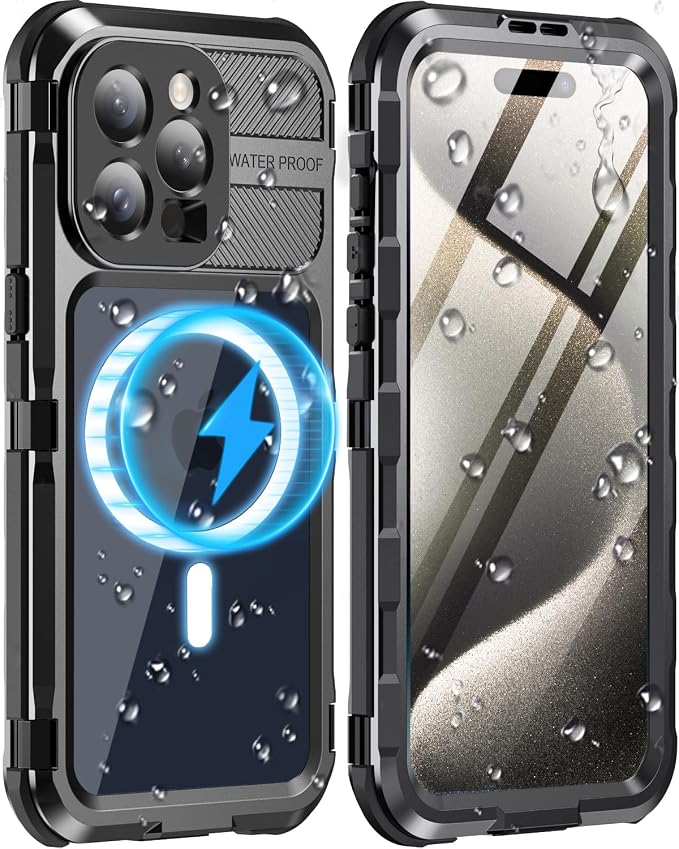 WIFORT for iPhone 15 Pro Waterproof Case - Metal Heavy Duty Full Body Protective Cover Built-in Screen Protector, IP68 Water Proof Military Grade Shockproof Rugged Drop Defender Phone case 6.1" Black