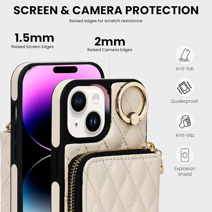 Keallce Case for iPhone 15 6.1'' Wallet Case, Crossbody Zipper Purse with Wrist Strap Lanyard Handbag for Women, RFID Blocking Card Holders, 360° Ring Kickstand Flip Leather Cover for iPhone 15, Beige