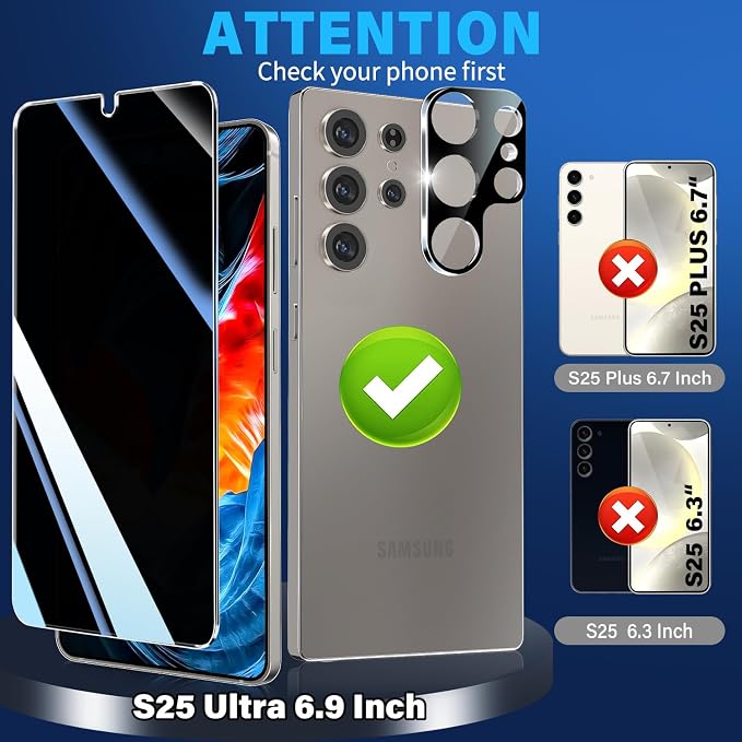 3 Pack Privacy Screen Protector for Samsung Galaxy s25 ultra Tempered Glass + 2 Pack Camera Lens Protector, True 25°Anti Spy, Military Grade Shatterproof, 9H+ Hardness, Auto Alignment Frame 6.9"