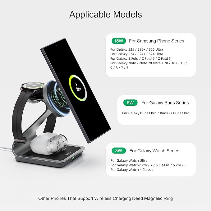 Wireless Charger for Samsung: Magnetic 3 in 1 Wireless Charging Station for Samsung S26 S25 S24 Ultra S23 S22, Aluminum Alloy Charger Dock Stand for Galaxy Watch Ultra 8/7/6/5/4, for Buds