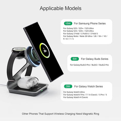 Wireless Charger for Samsung: Magnetic 3 in 1 Wireless Charging Station for Samsung S26 S25 S24 Ultra S23 S22, Aluminum Alloy Charger Dock Stand for Galaxy Watch Ultra 8/7/6/5/4, for Buds