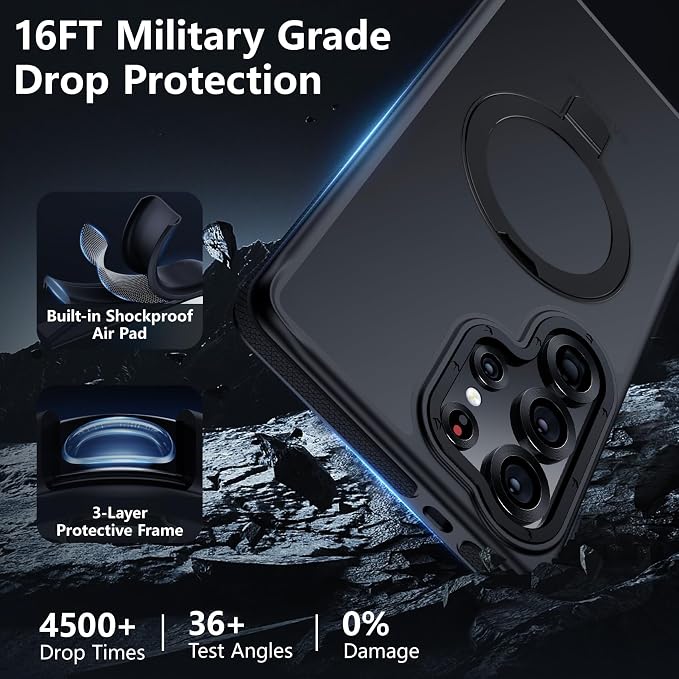 for Samsung Galaxy S25 Ultra Case, Magnetic Adjustable Ring Stand [Fit for Magsafe], [Military-Grade Shockproof Protection] Phone Case for S25 Ultra Case with Kickstand&Ring Holder (Black)1